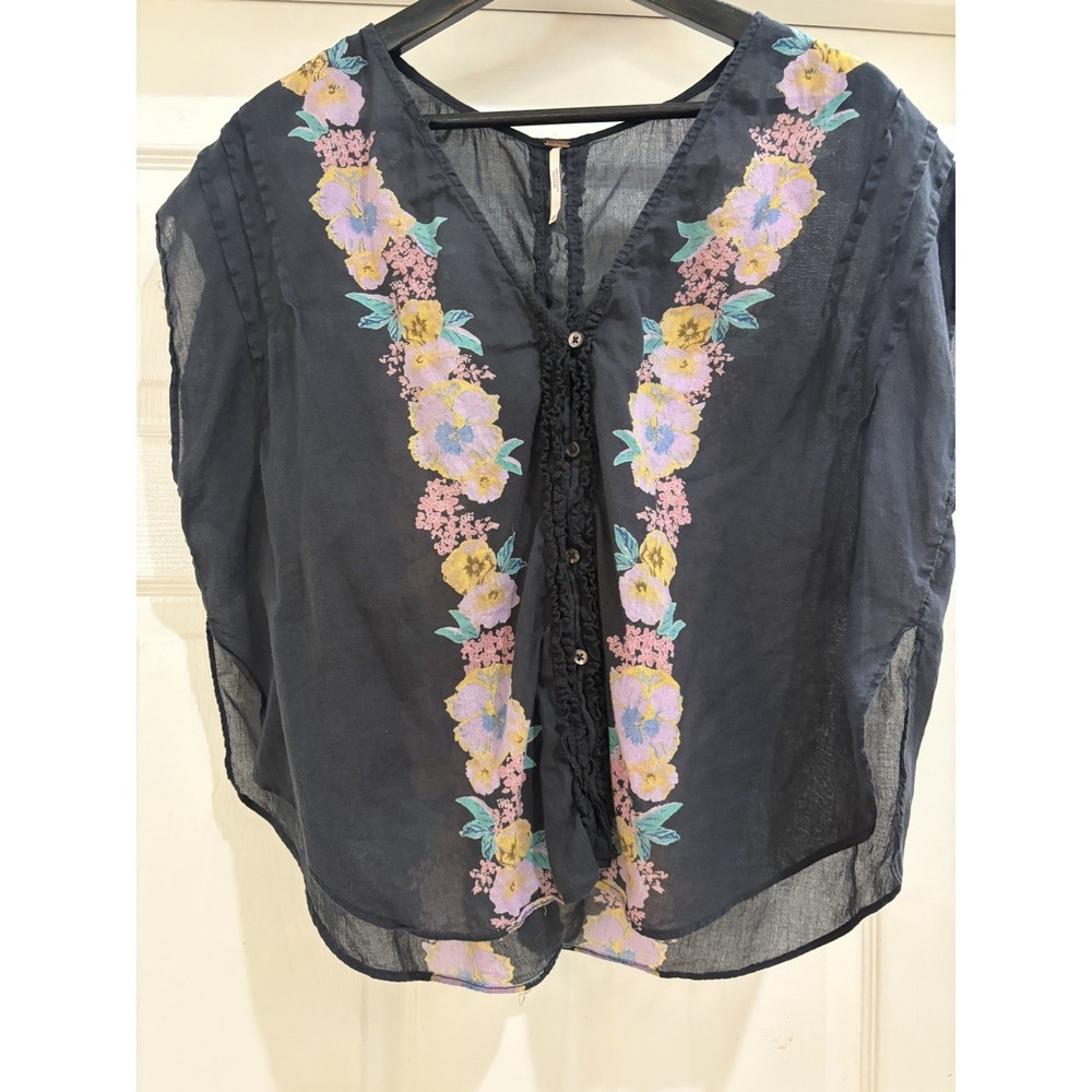 Free People Floral Embroidered Sheer Boho Blouse Top Black Women Size Medium - Picture 3 of 8